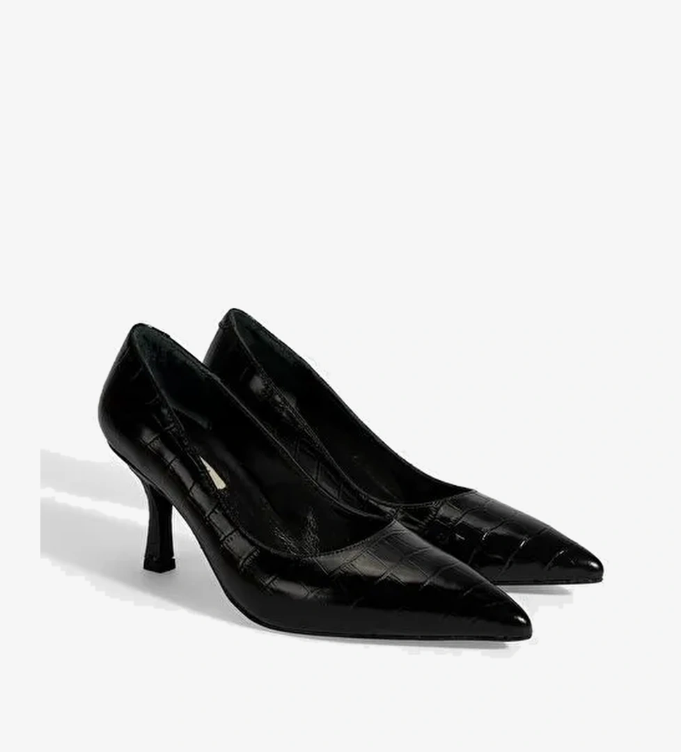 Kadın Siyah Kroko Baskılı Deri Stiletto - Görsel 1