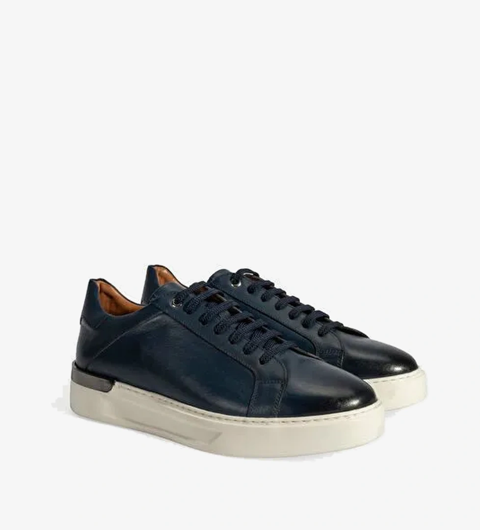 Erkek Lacivert Bağcıklı Deri Sneaker - Görsel 1