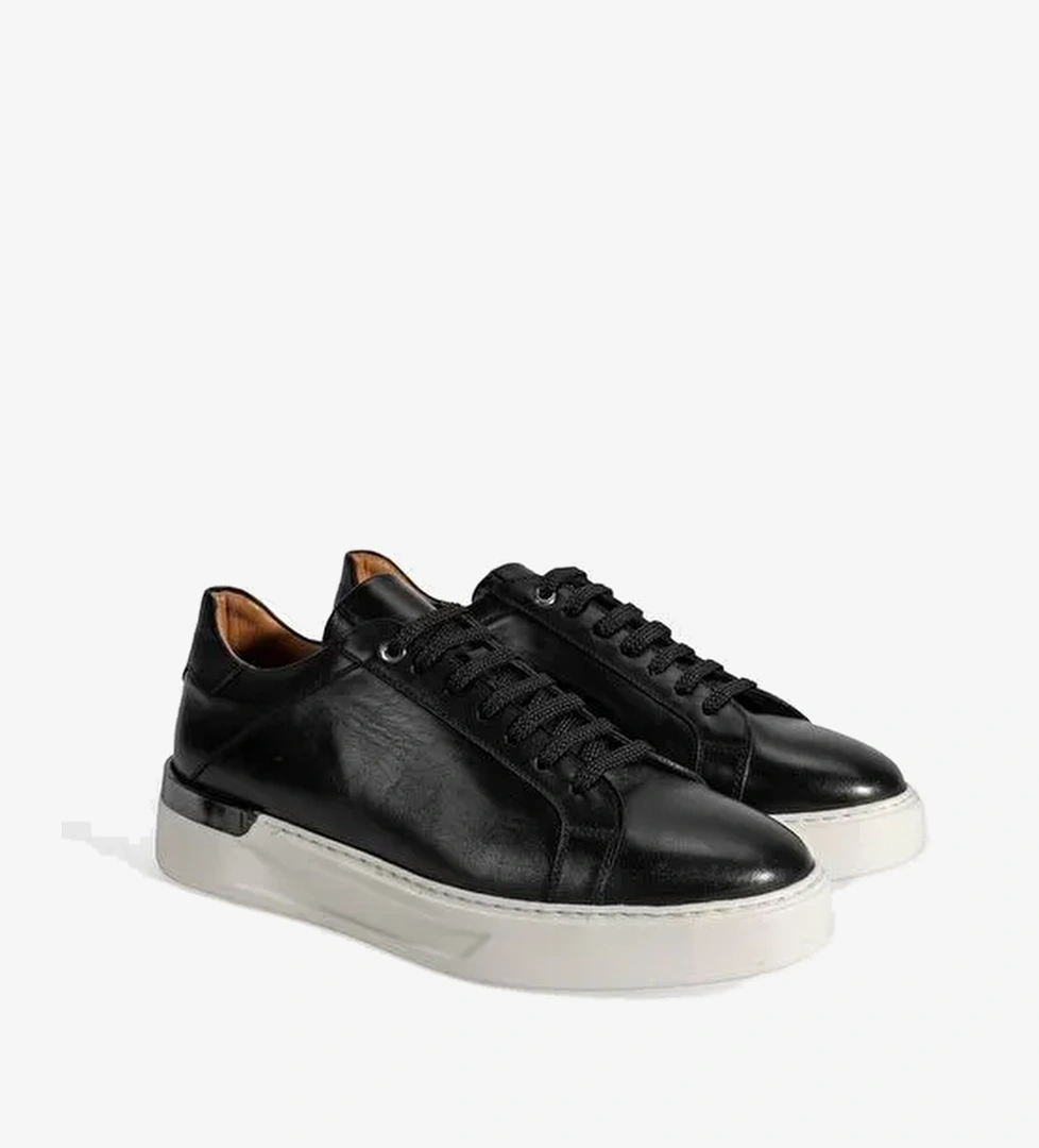 Erkek Siyah Bağcıklı Deri Sneaker - Görsel 1