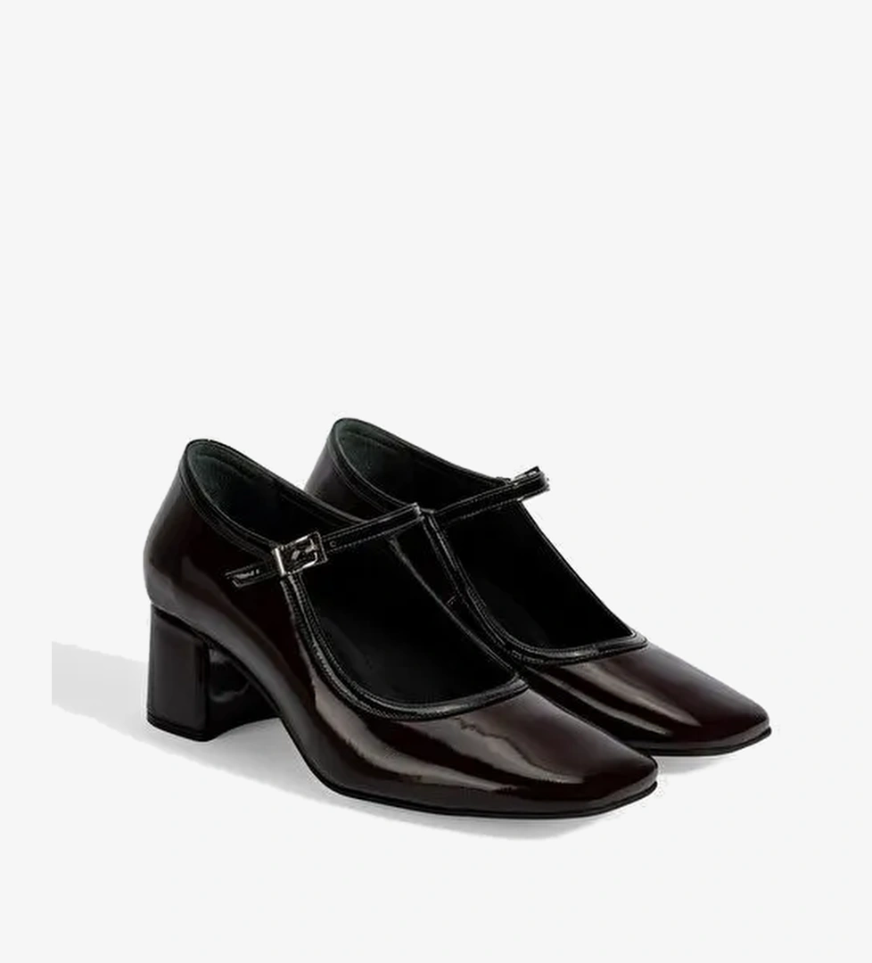 Kadın Bordo Ayarlanabilir Tokalı Kalın Topuklu Klasik Ayakkabı - Görsel 1