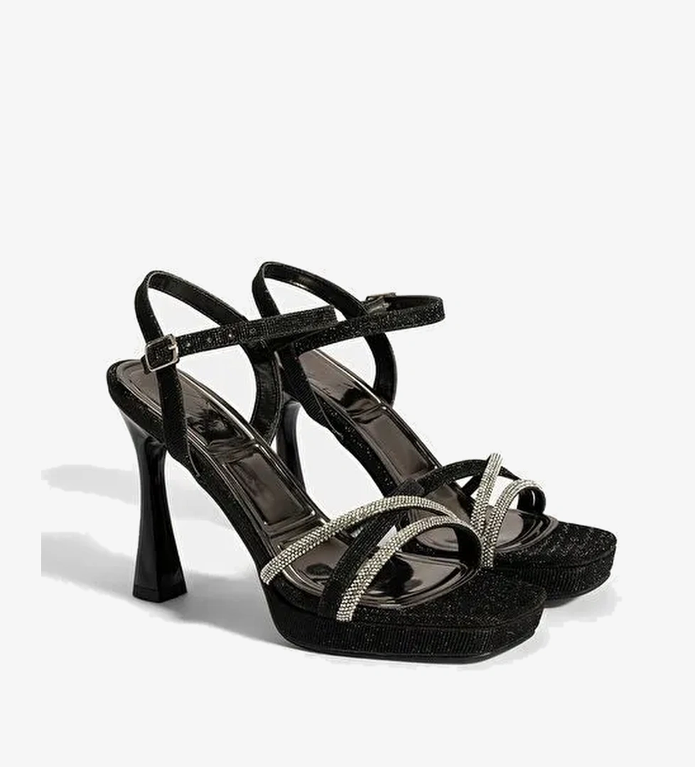 Kadın Siyah Ayarlanabilir Tokalı Taşlı Topuklu Abiye Sandalet - Görsel 1