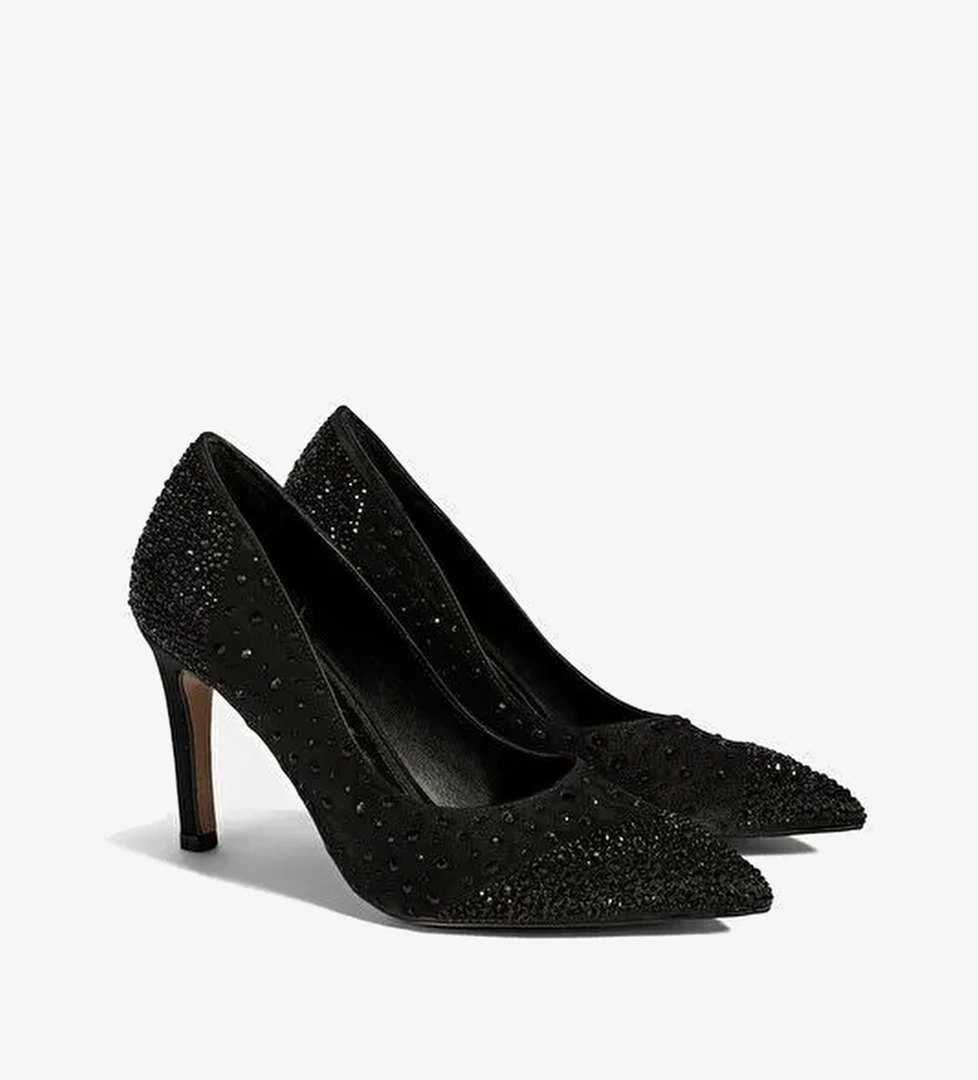 Kadın Siyah Taşlı Sivri Burunlu Topuklu Abiye Ayakkabı - Görsel 1