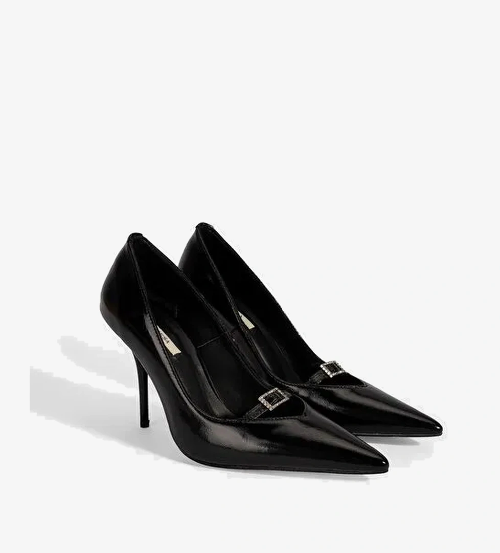 Kadın Siyah Taşlı Toka Detaylı Rugan Topuklu Abiye Ayakkabı - Görsel 1