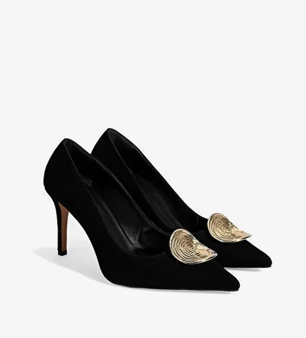 Kadın Siyah Gold Toka Detaylı Süet Topuklu Ayakkabı - Görsel 1