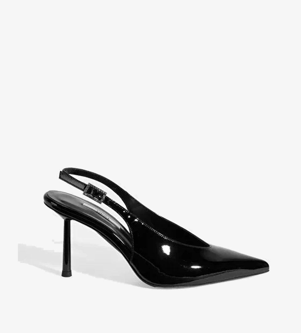 Kadın Siyah Ayarlanabilir Taşlı Toka Detaylı Rugan Topuklu Ayakkabı - Görsel 1