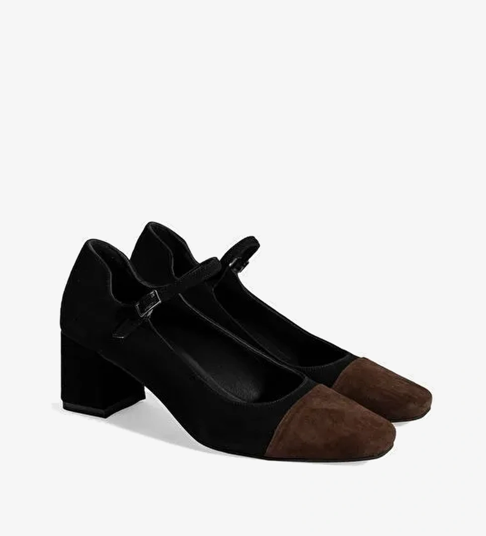 Kadın Siyah Ayarlanabilir Tokalı Süet Topuklu Ayakkabı - Görsel 1