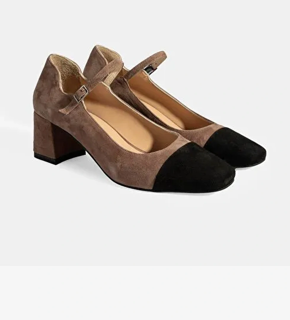Kadın Vizon Ayarlanabilir Tokalı Süet Topuklu Ayakkabı - Görsel 1