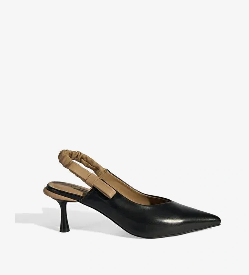 Kadın Siyah Fiyonk Detaylı Lastik Bantlı Deri Topuklu Ayakkabı - Görsel 1