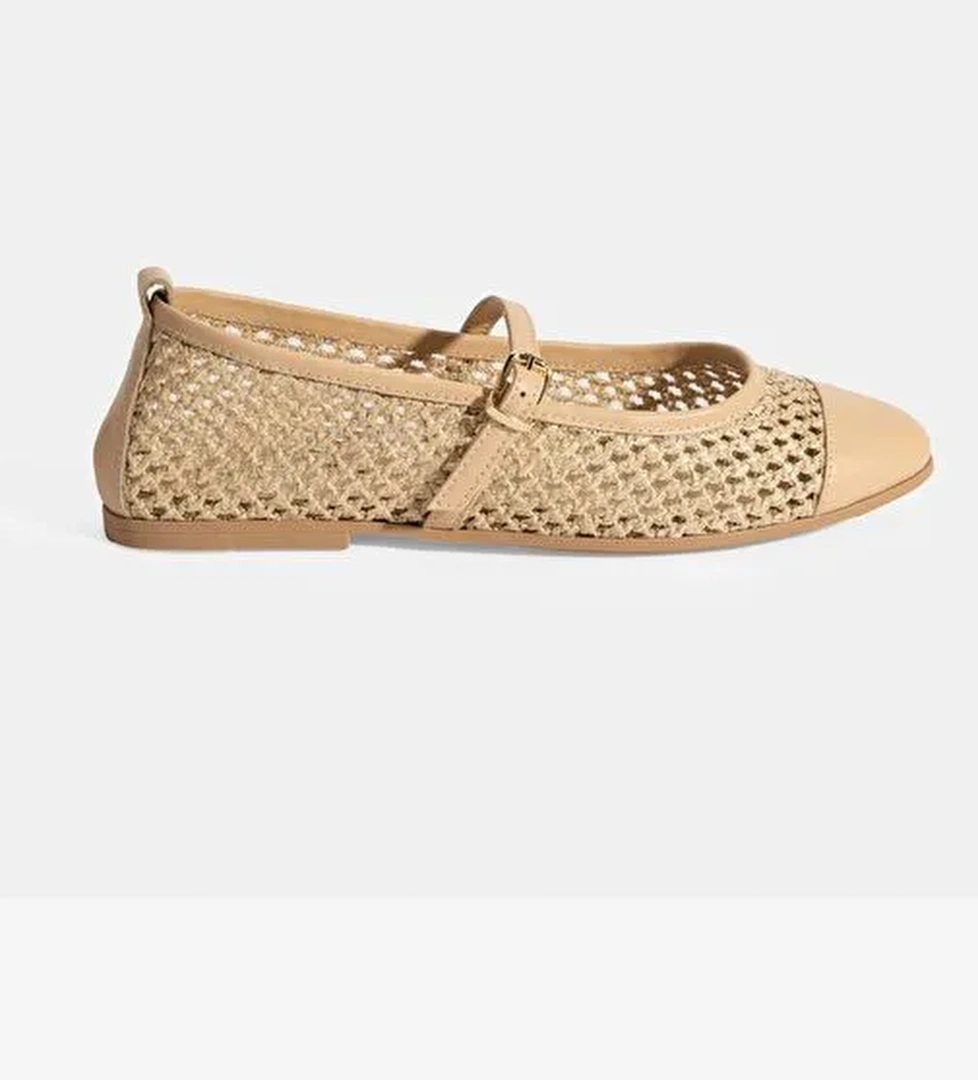 Kadın Bej Ayarlanabilir Tokalı Hasır Babet - Görsel 1