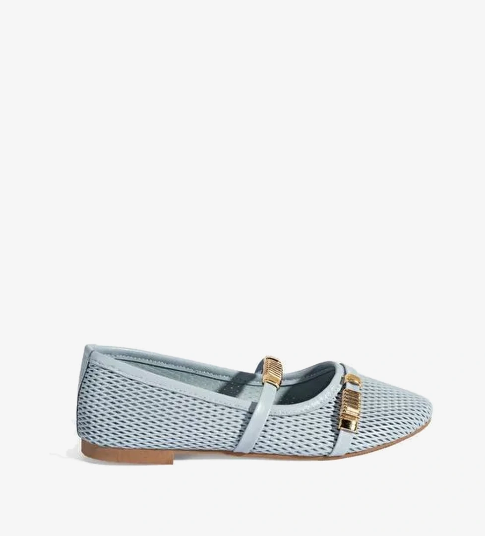 Kadın Mavi Metal Toka Aksesuarlı Deri Babet - Görsel 1