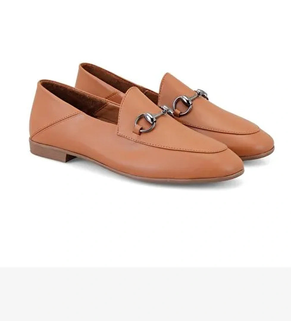 Kadın Taba Toka Aksesuarlı Deri Babet - Görsel 1