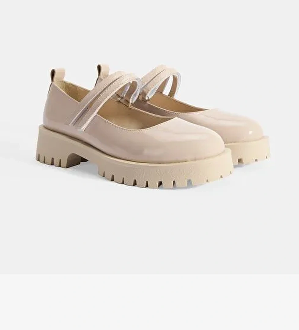 Kadın Krem Mary Jane Cırt Detaylı Deri Babet - Görsel 1