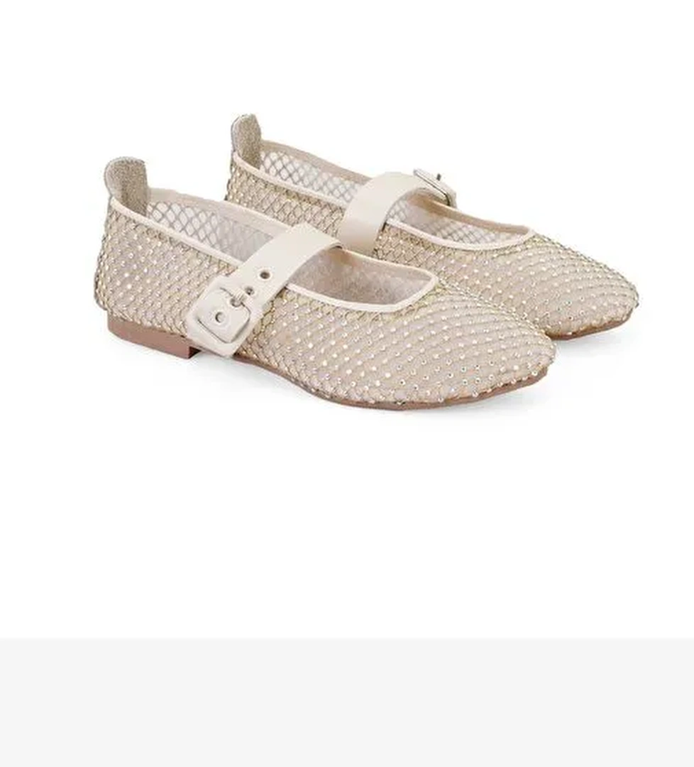 Kadın Bej Parlak Taş Detaylı Babet - Görsel 1