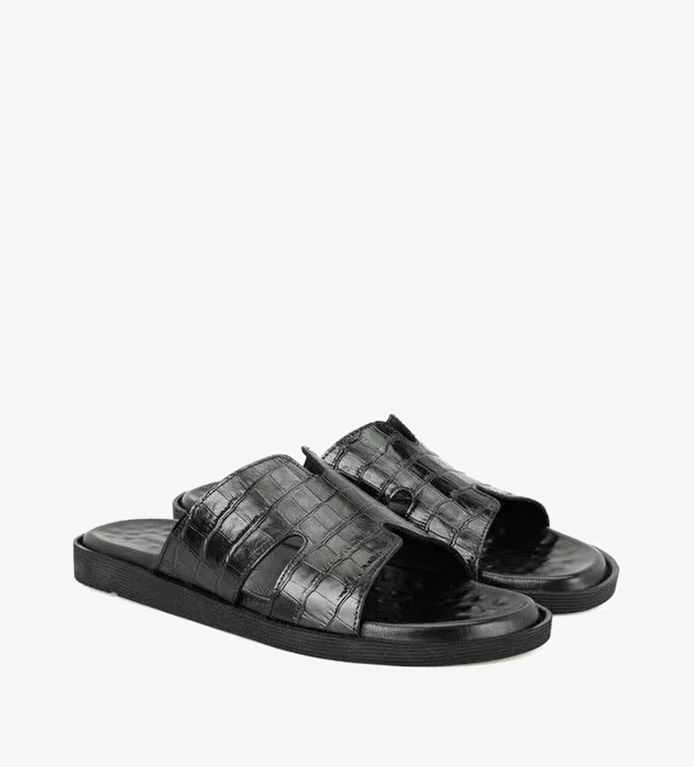 David Siyah Erkek Kroko Baskılı Deri Terlik - Görsel 1