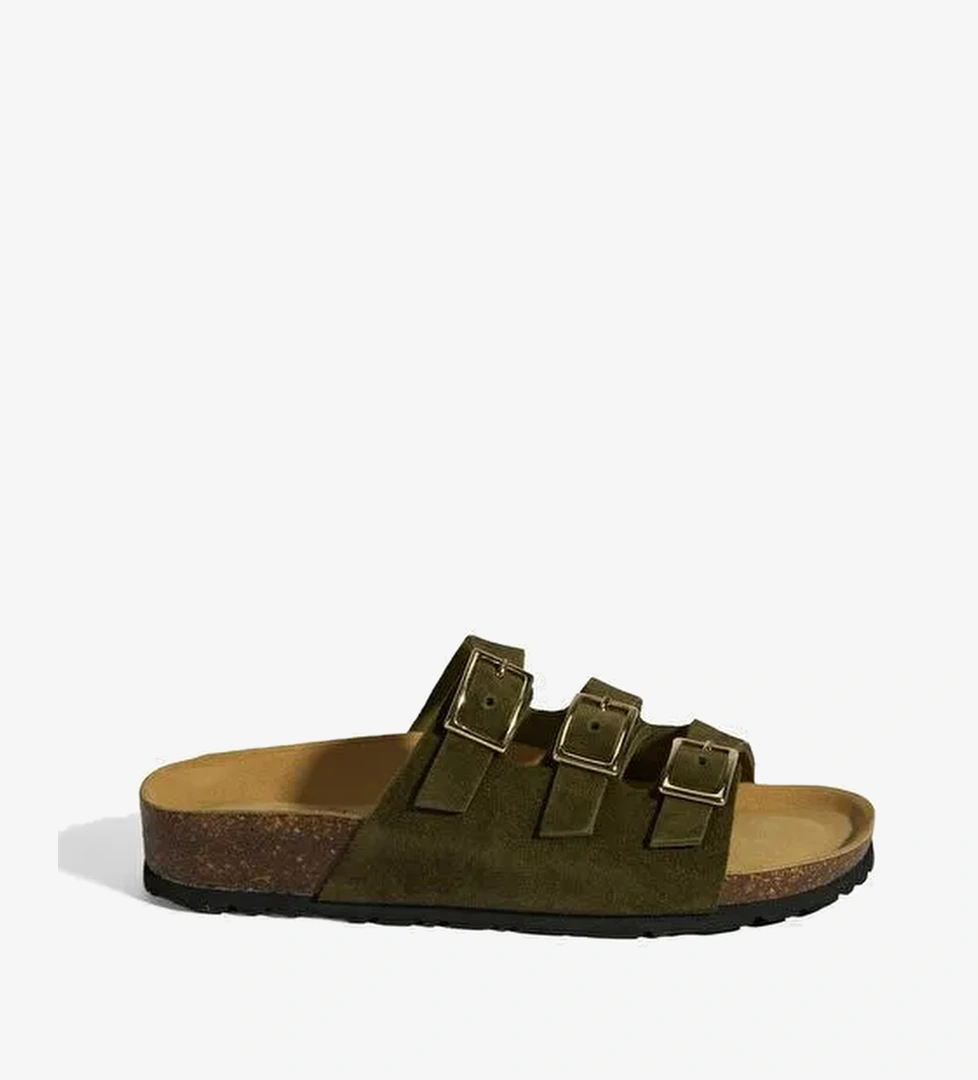 Haki Kadın Toka Detaylı Süet Terlik - Görsel 1