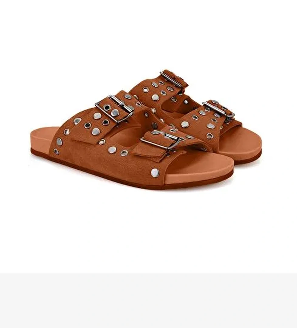 Kadın Taba Aksesuarlı Deri Terlik - Görsel 1