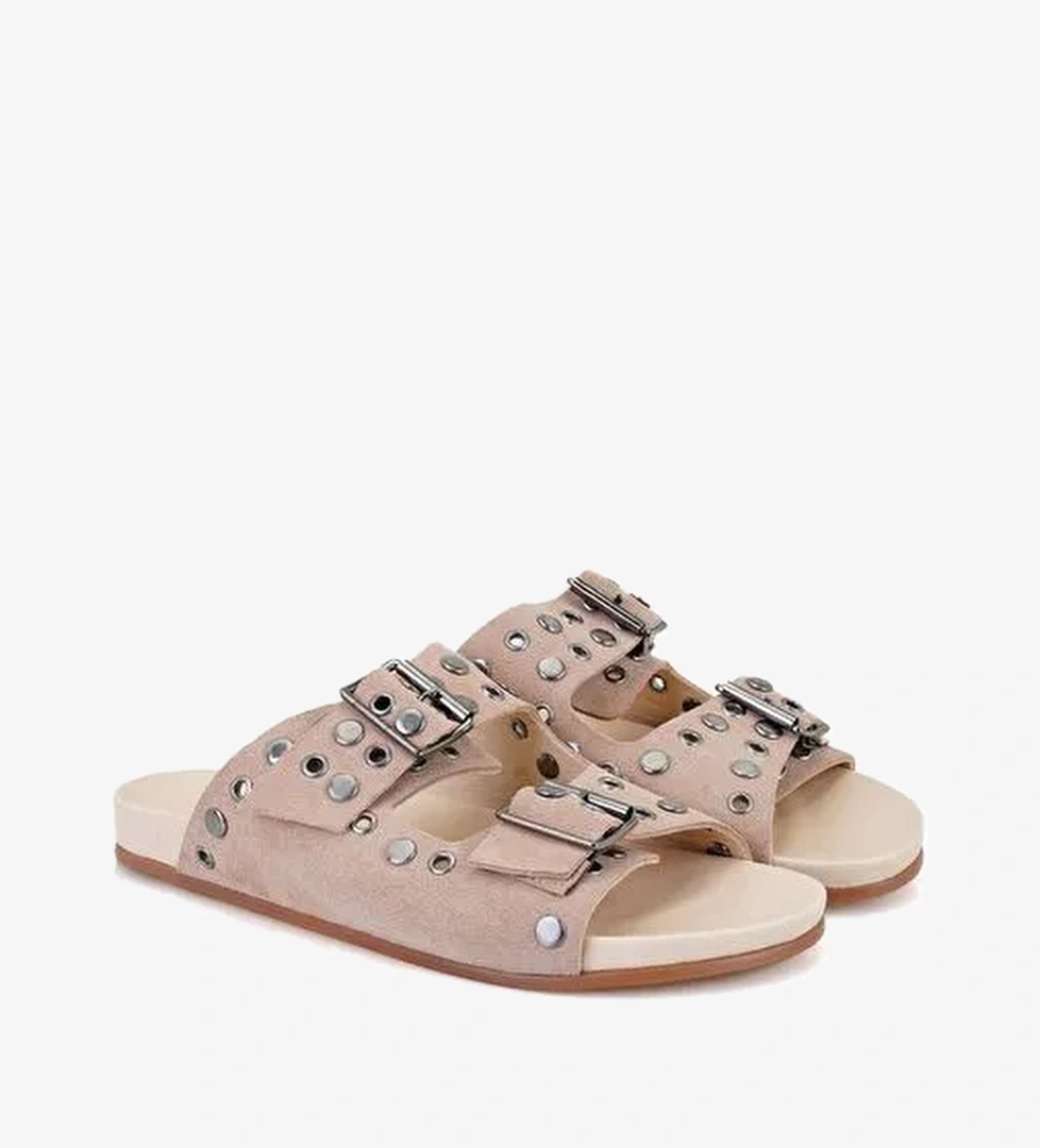 Kadın Pudra Aksesuarlı Deri Terlik - Görsel 1