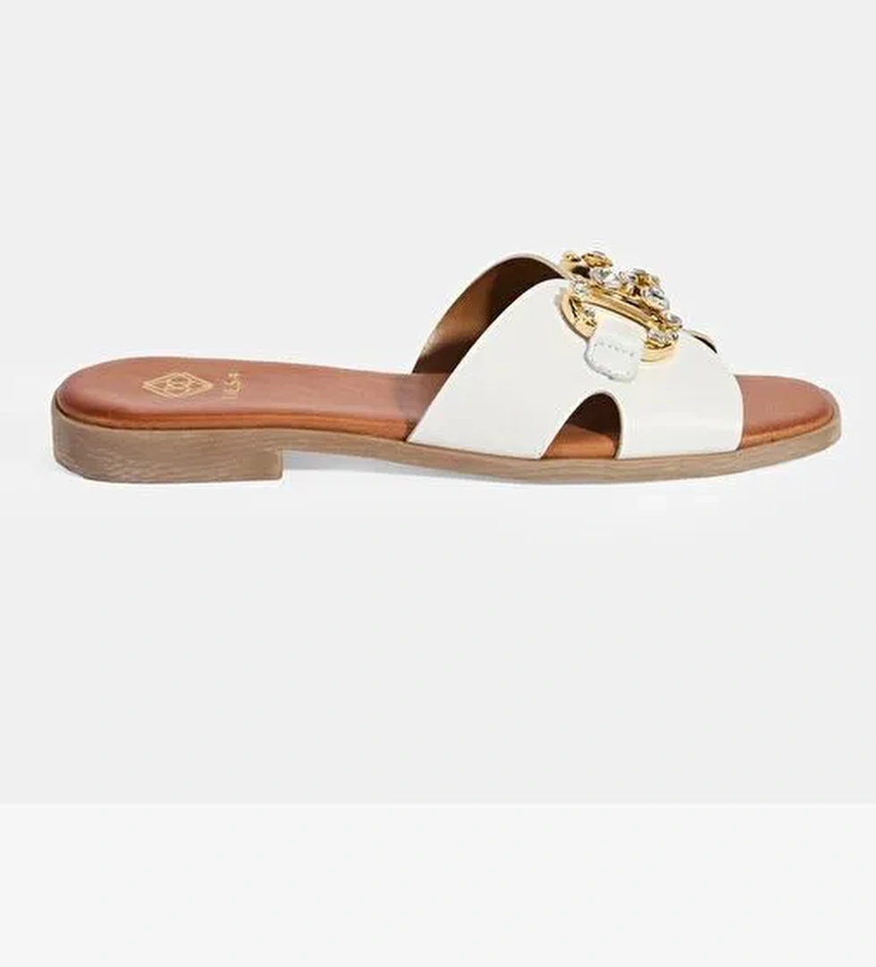 Kadın Beyaz Taşlı Toka Aksesuarlı Deri Terlik - Görsel 1