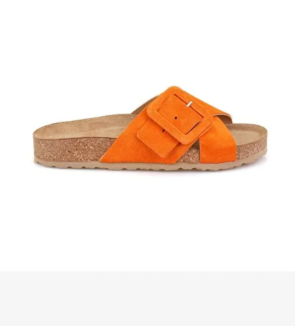 Kadın Turuncu Ayarlanabilir Tokalı Süet Deri Terlik - Görsel 1