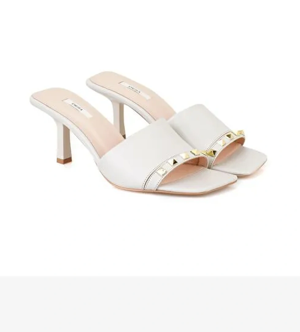 Kadın Krem Topuklu Deri Terlik - Görsel 1