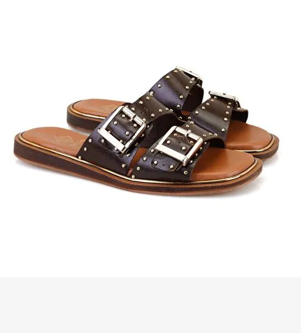 Kahve Kadın Ayarlanabilir Tokalı Deri Terlik - Görsel 1