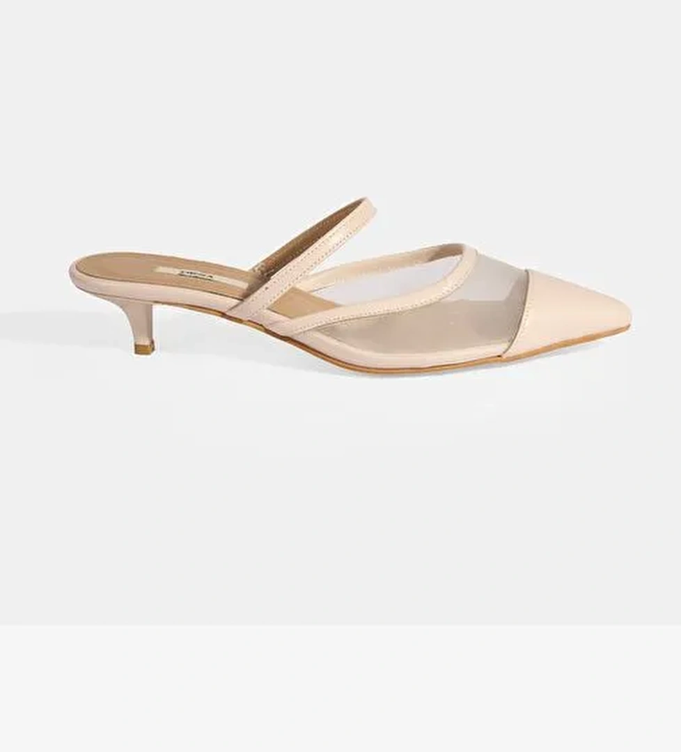 Kadın Krem Fileli Deri Topuklu Terlik - Görsel 1