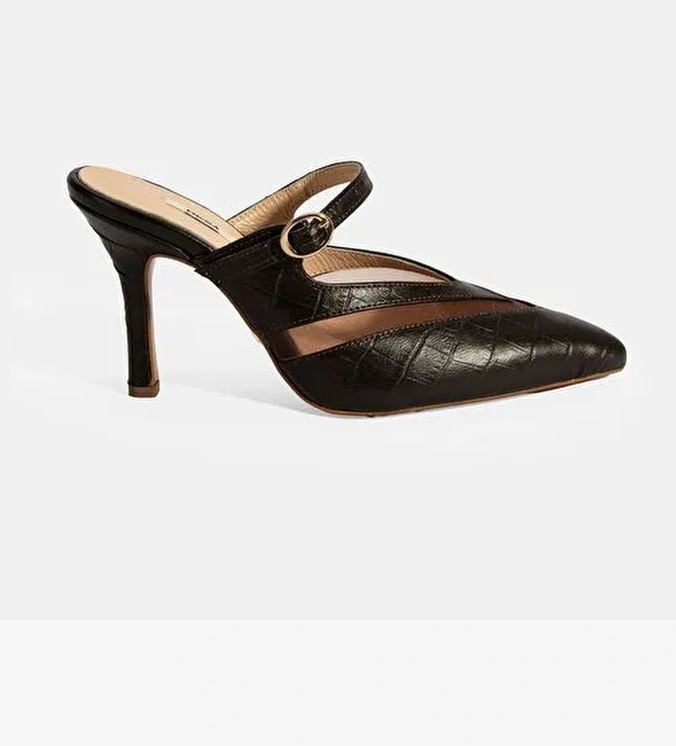 Kadın Kahve Ayarlanabilir Tokalı Deri Abiye Topuklu Terlik - Görsel 1