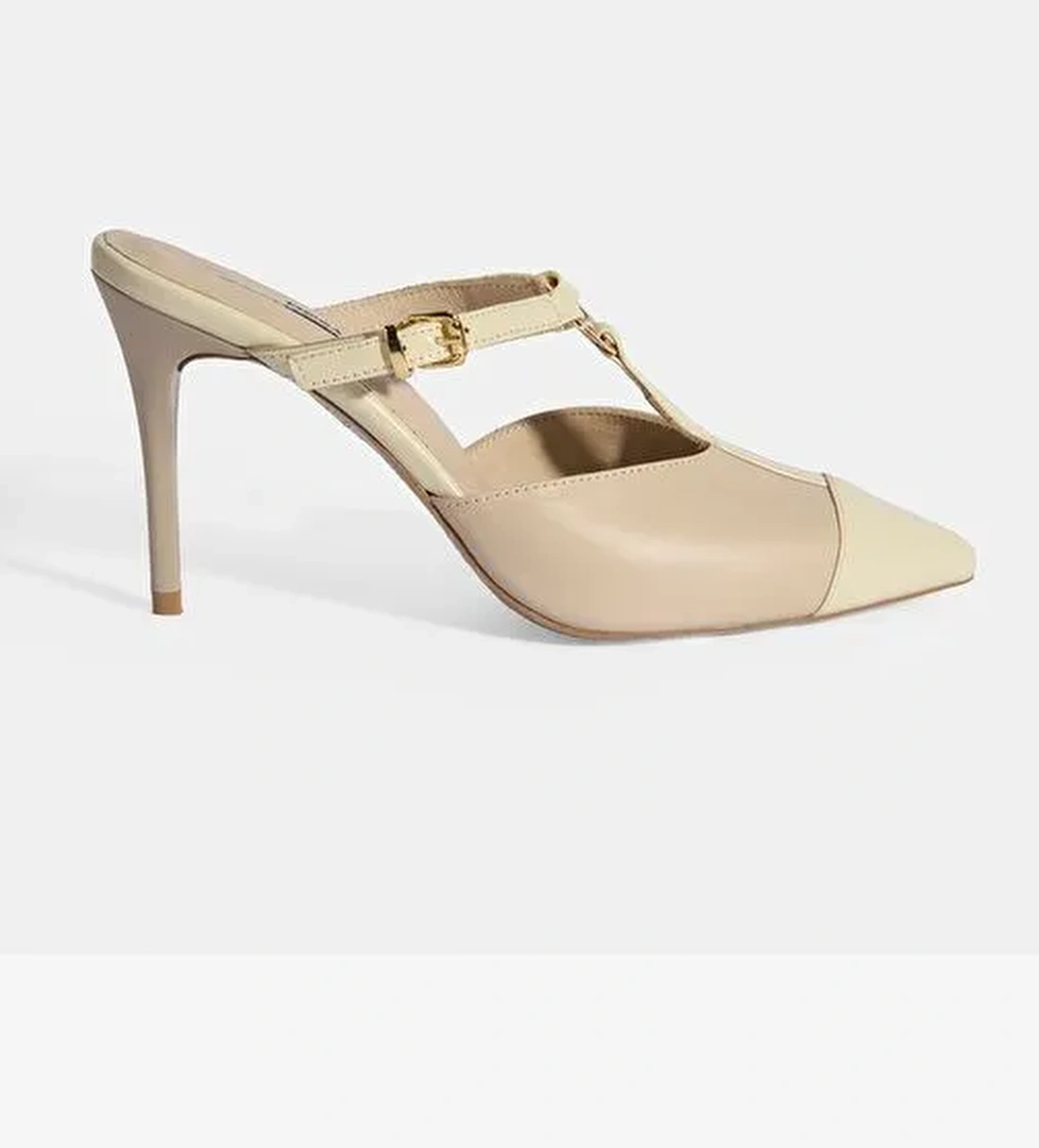 Kadın Bej Halka Aksesuarlı Deri Abiye Topuklu Terlik - Görsel 1