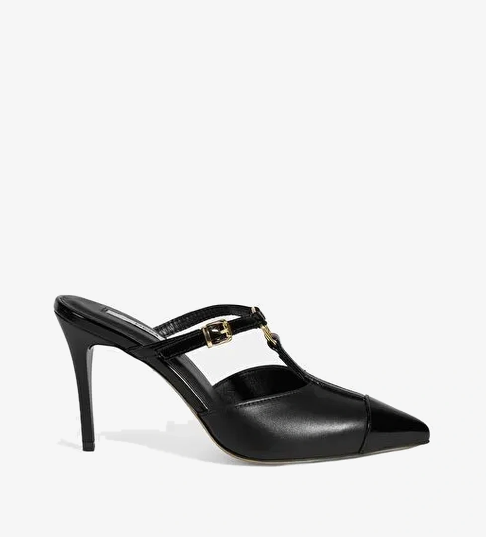 Kadın Siyah Halka Aksesuarlı Deri Abiye Topuklu Terlik - Görsel 1
