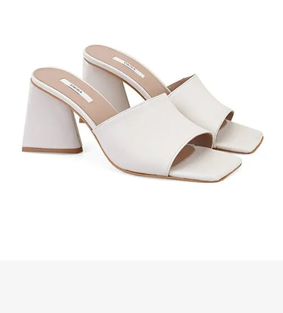 Kadın Bej Topuklu Napa Deri Terlik - Görsel 1