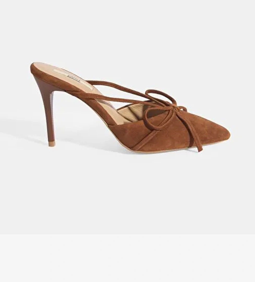 Kadın Kahve Fiyonk Detaylı Süet Topuklu Abiye Ayakkabı - Görsel 1