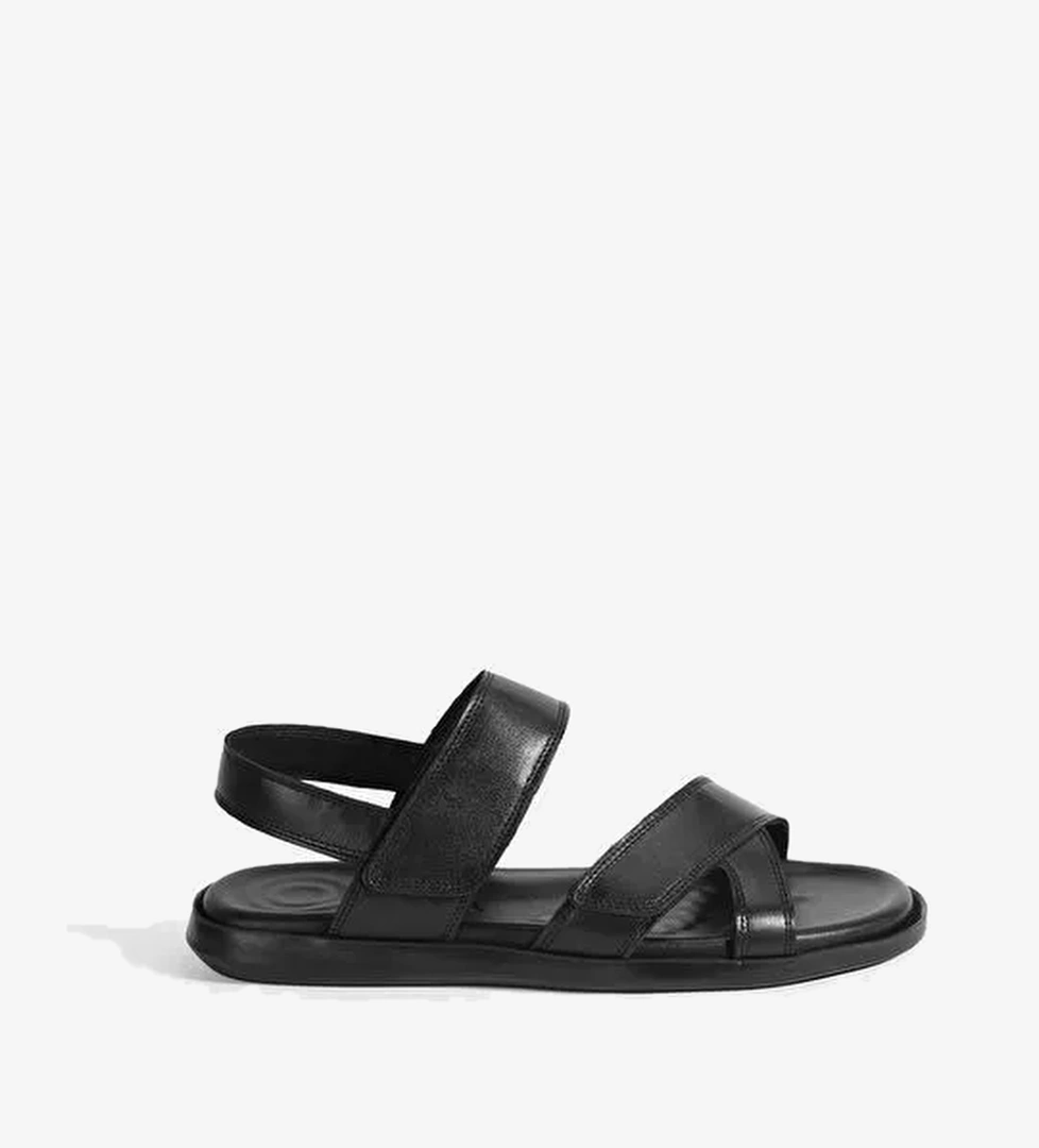 Erkek Siyah Cırt Detaylı Deri Sandalet - Görsel 1