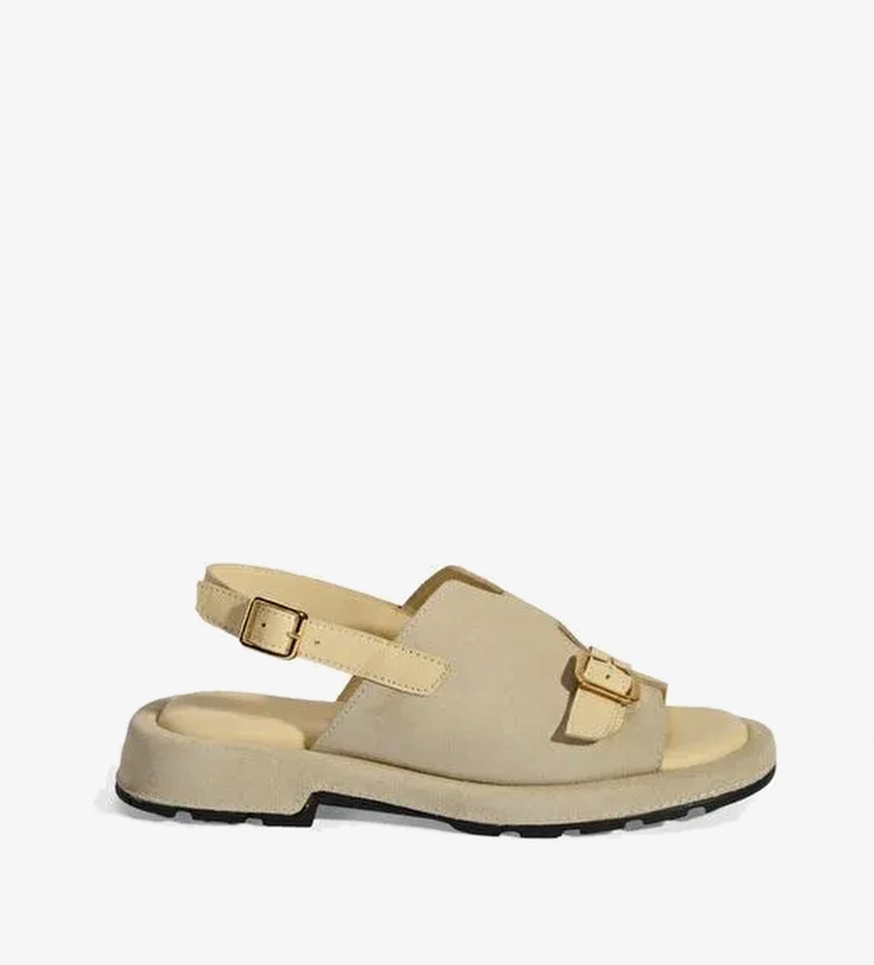 Kadın Bej Süet Tokalı Sandalet - Görsel 1