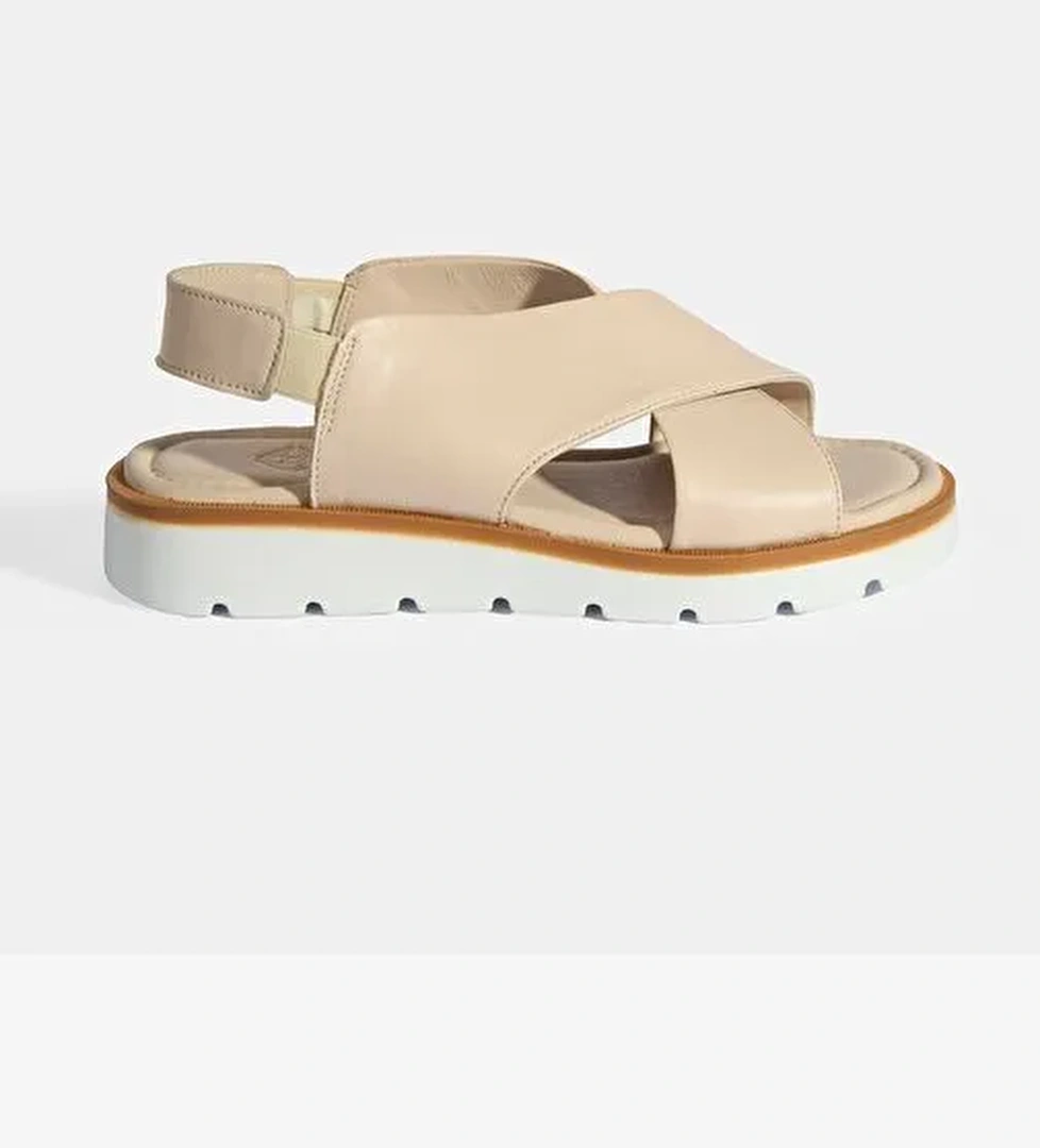 Krem Kadın Lastik Bantlı Deri Sandalet - Görsel 1