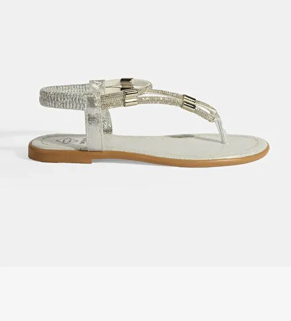 Kadın Gümüş Taşlı Lastik Bantlı Parmak Arası Sandalet - Görsel 1