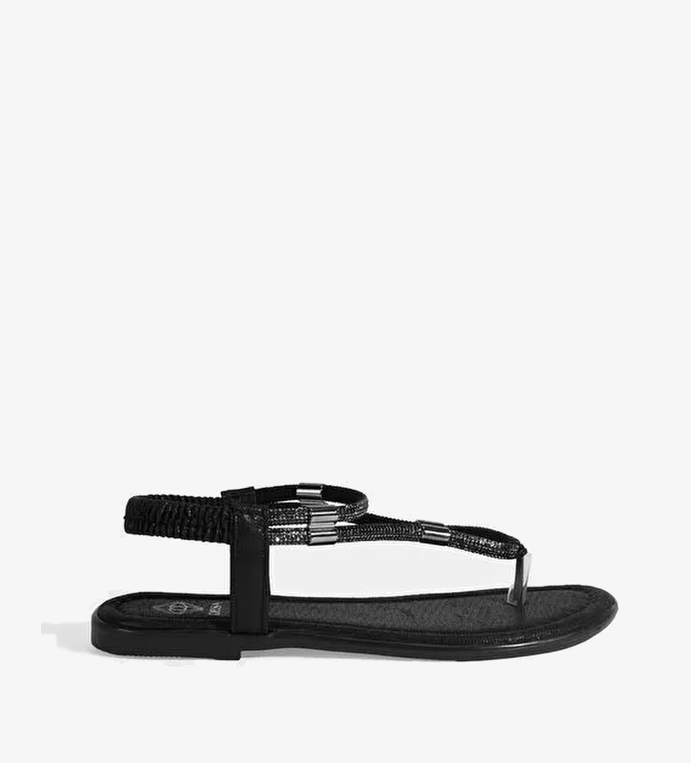 Kadın Siyah Taşlı Lastik Bantlı Parmak Arası Sandalet - Görsel 1