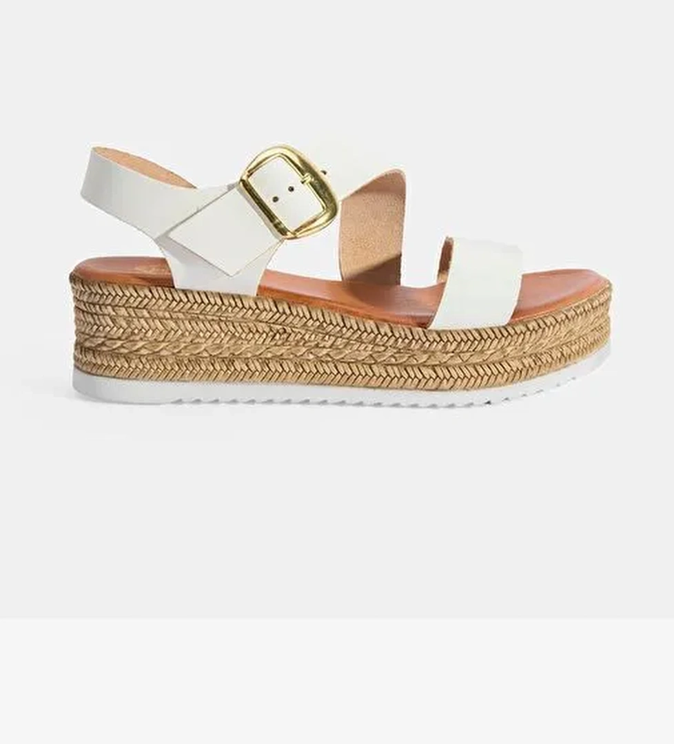 Kadın Beyaz Ayarlanabilir Tokalı Dolgu Topuklu Deri Sandalet - Görsel 1