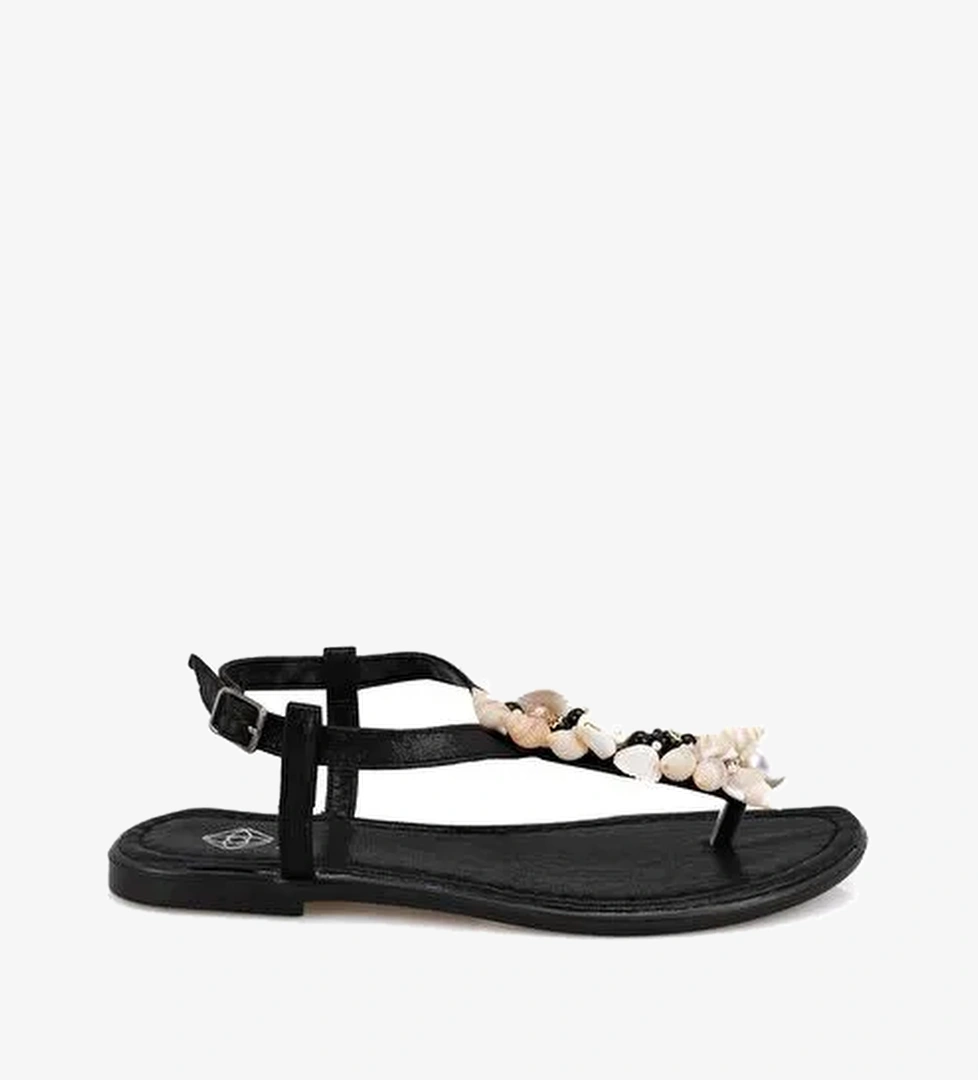 Kadın Siyah Aksesuarlı Parmak Arası Deri Sandalet - Görsel 1