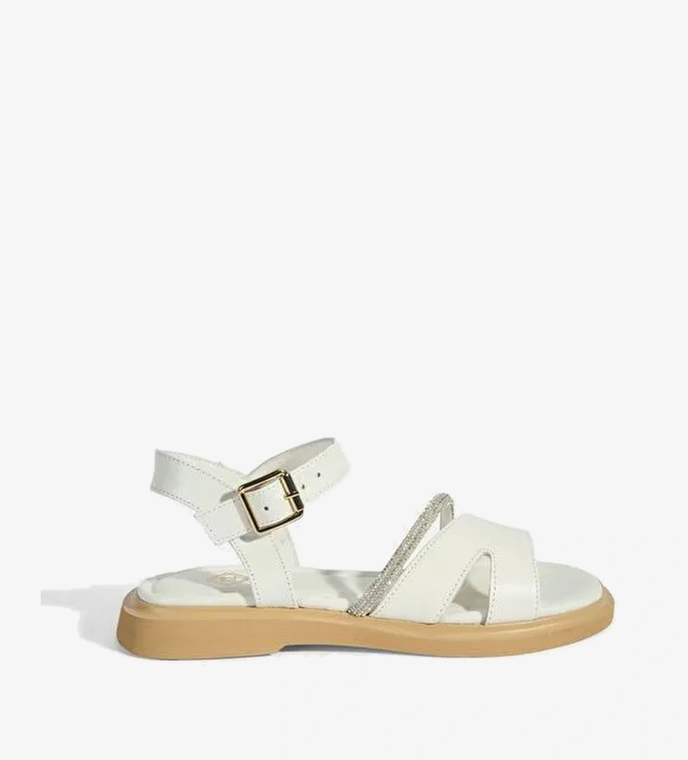 Kadın Beyaz Ayarlanabilir Tokalı Taş Detaylı Deri Sandalet - Görsel 1