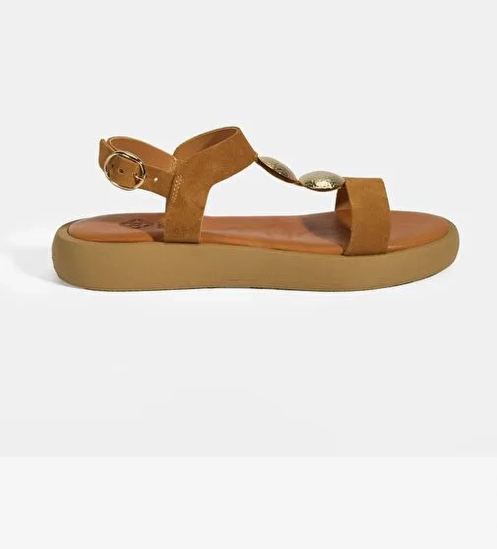 Kadın Taba Süet Gold Aksesuarlı Sandalet - Görsel 1
