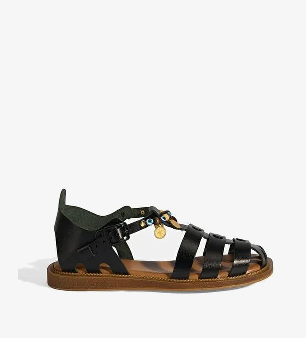 Kadın Siyah Aksesuar Detaylı Ayarlanabilir Tokalı Deri Sandalet - Görsel 1