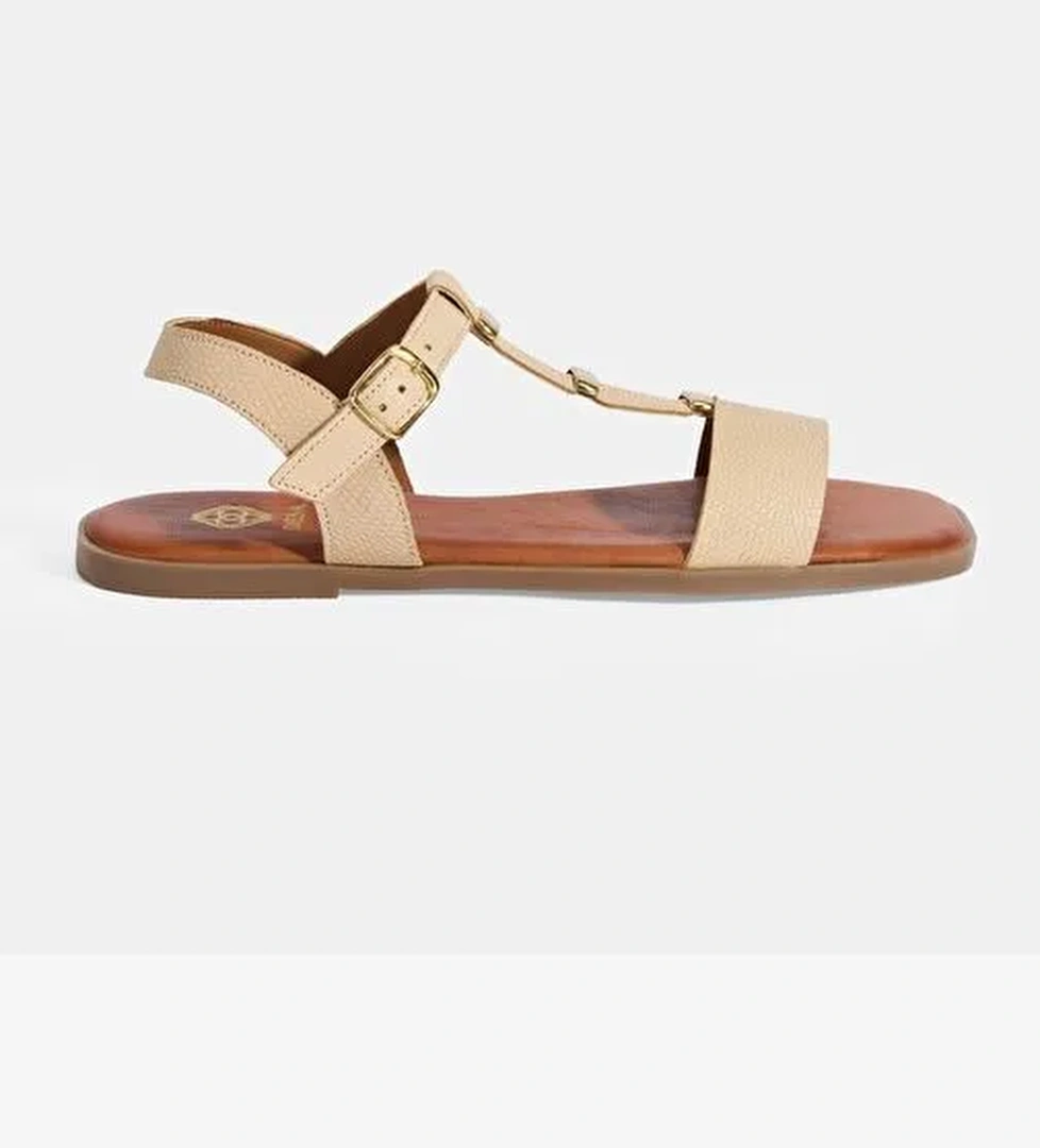 Kadın Bej Ayarlanabilir Tokalı Deri Sandalet - Görsel 1