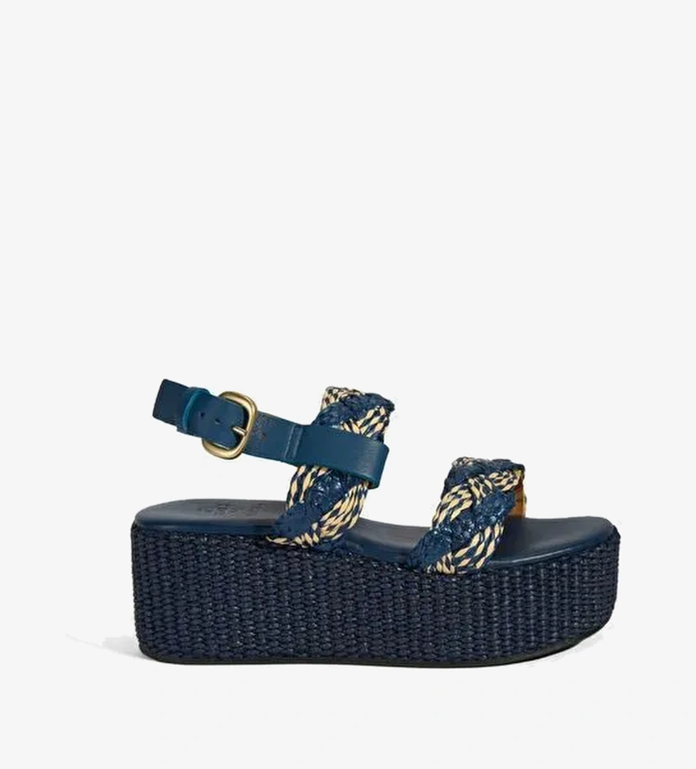 Kadın Lacivert Ayarlanabilir Tokalı Hasır Detaylı Sandalet - Görsel 1