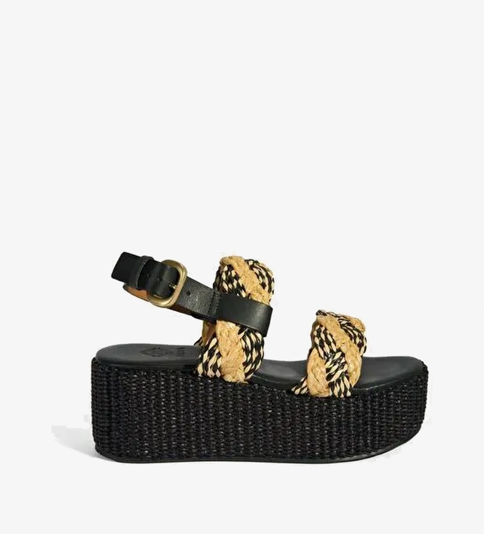 Kadın Siyah Ayarlanabilir Tokalı Hasır Detaylı Sandalet - Görsel 1