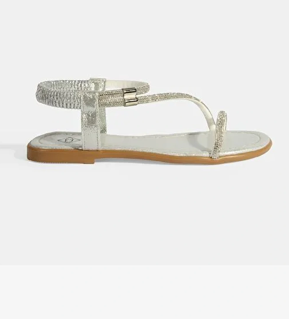 Kadın Gümüş Lastik Bantlı Taşlı Sandalet - Görsel 1