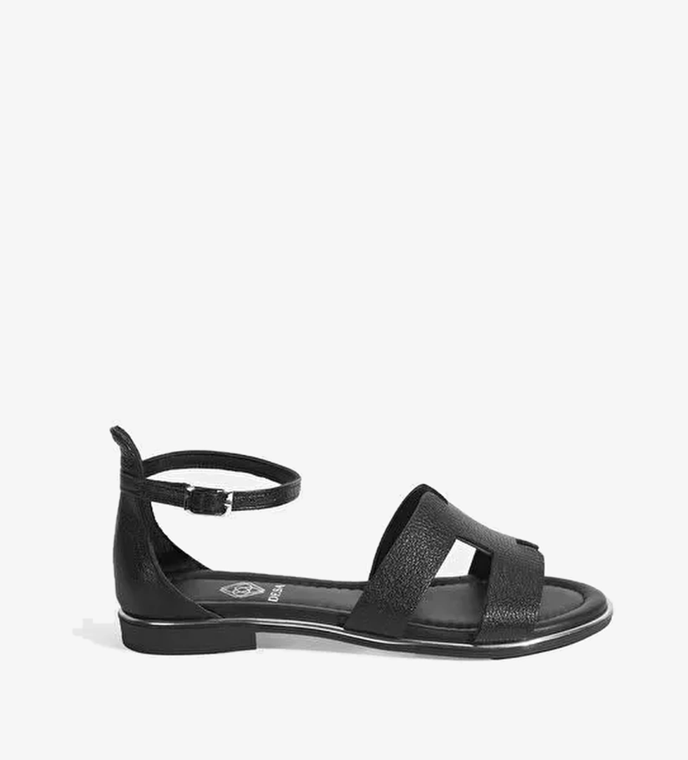 Kadın Siyah Ayarlanabilir Tokalı Deri Sandalet - Görsel 1