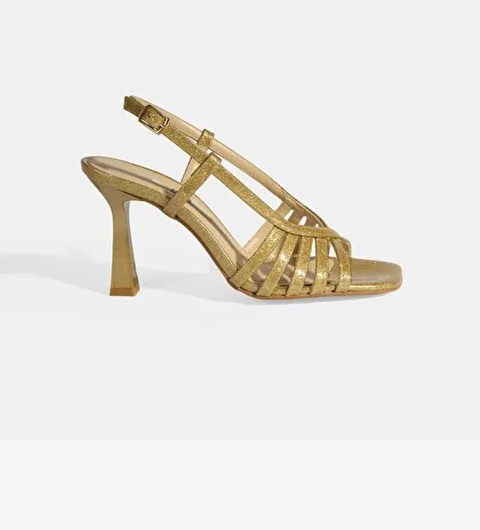 Kadın Gold Simli Topuklu Abiye Sandalet - Görsel 1