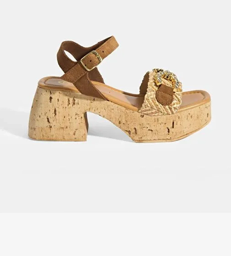 Kadın Bej Hasır Detaylı Toka Aksesuarlı Topuklu Sandalet - Görsel 1