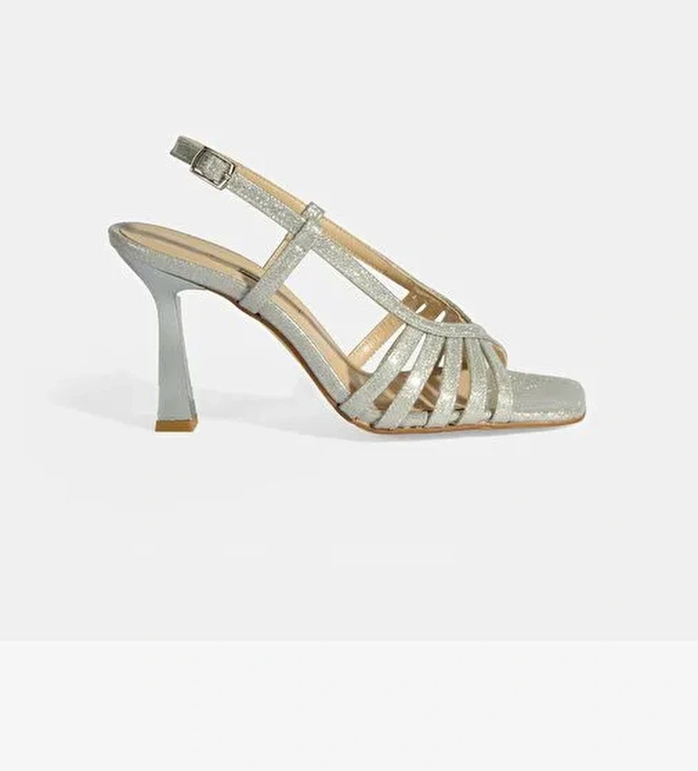 Kadın Gümüş Simli Topuklu Abiye Sandalet - Görsel 1