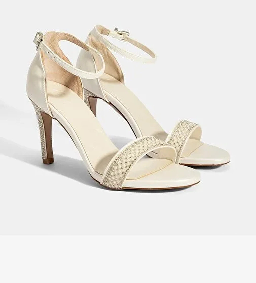 Kadın Beyaz Ayarlanabilir Tokalı Taşlı Topuklu Abiye Sandalet - Görsel 1